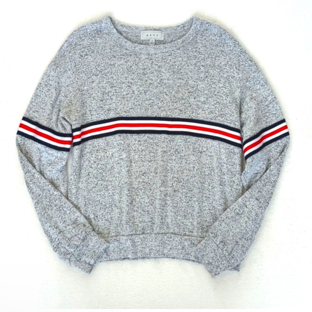 Gaze Women's Soft Grey w Red Blue & White Racer Stripes Long Sleeve Sweater S